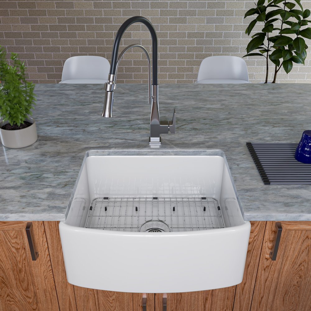 ALFI Brand White Smooth Curved Apron 24" x 20" Single Bowl Fireclay Farm Sink. Picture 2