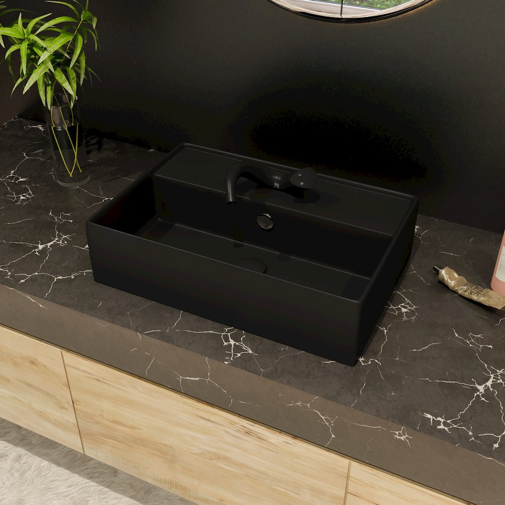 Black Matte 24" Modern Rectangular Above Mount Ceramic Sink with Faucet Hole. Picture 2