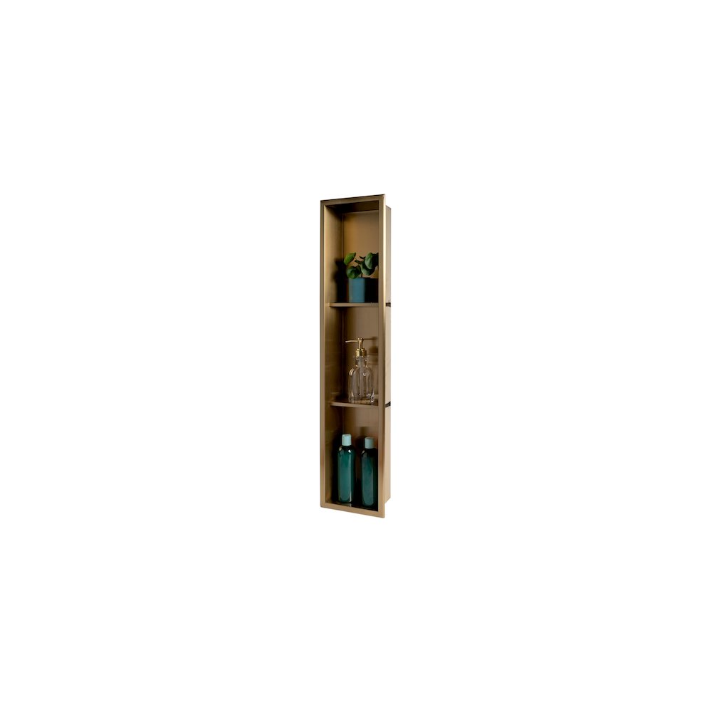 8" x 36" Brushed Gold PVD Stainless Steel Vertical Triple Shelf Shower Niche. Picture 1