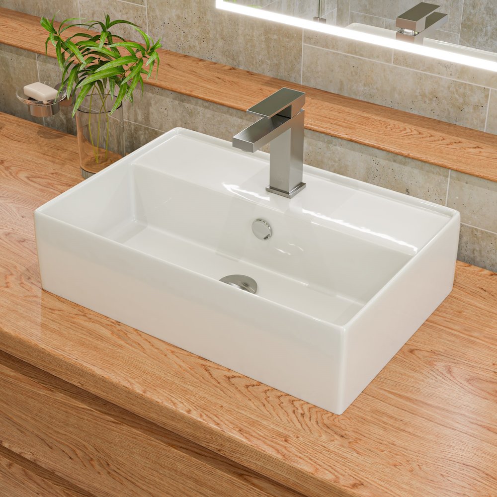 White 24" Modern Rectangular Above Mount Ceramic Sink with Faucet Hole. Picture 2