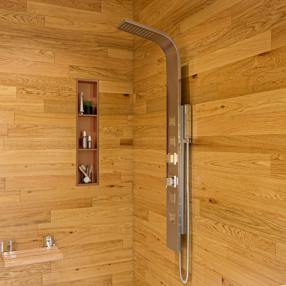8" x 36" Brushed Copper PVD Stainless Steel Vertical Triple Shelf Shower Niche. Picture 3