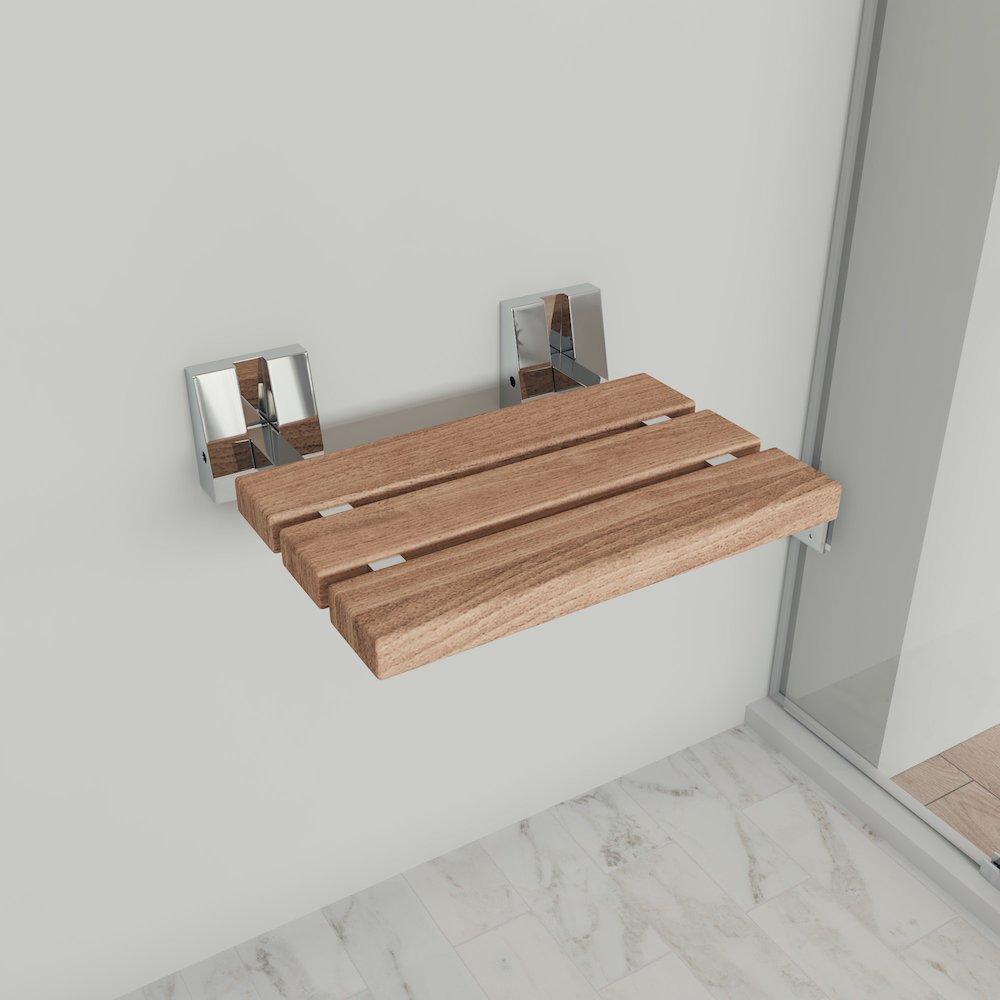 Polished Chrome 16" Folding Teak Wood Shower Seat Bench. Picture 2