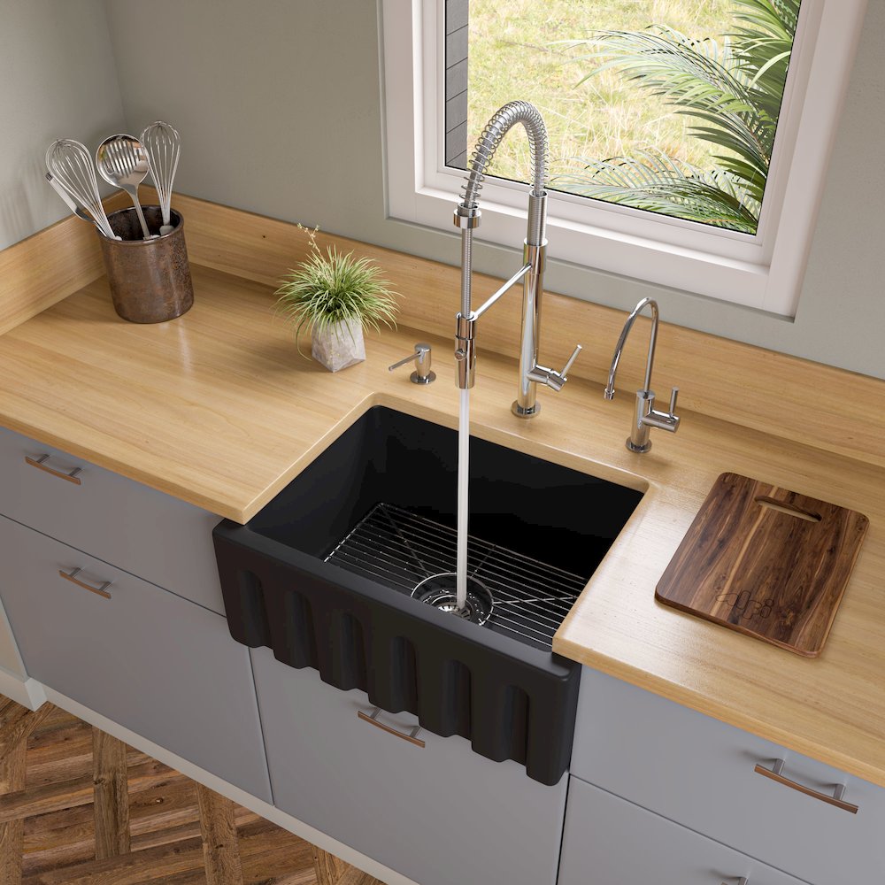 24" Black Matte Reversible Smooth / Fluted Single Bowl Fireclay Farm Sink. Picture 3