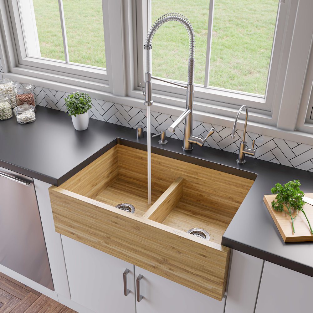 33" Double Bowl Bamboo Kitchen Farm Sink. Picture 2