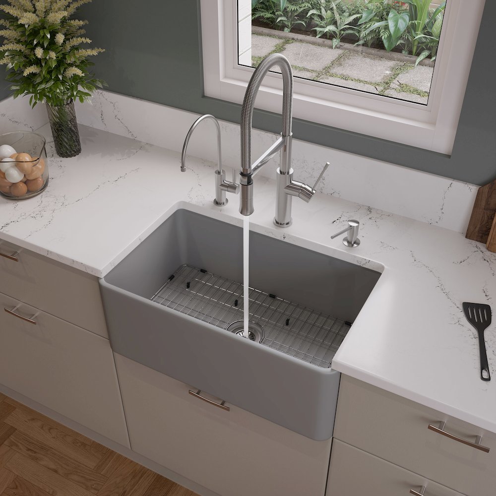 Gray Matte Smooth Apron 30" x 18" Single Bowl Fireclay Farm Sink. Picture 2