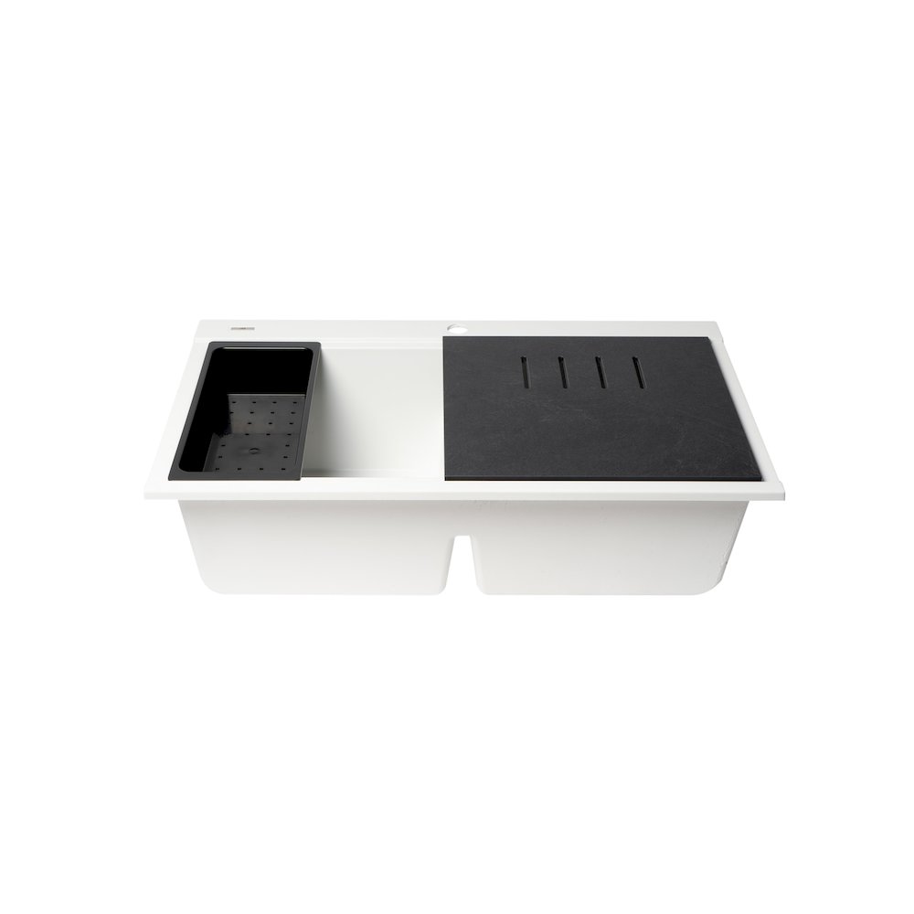 White 33" Granite Composite Workstation Step Rim Double Bowl Drop In Sink. Picture 4