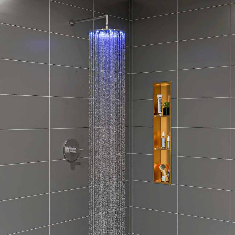 Brushed Nickel 12" Round Multi Color LED Rain Shower Head. Picture 2