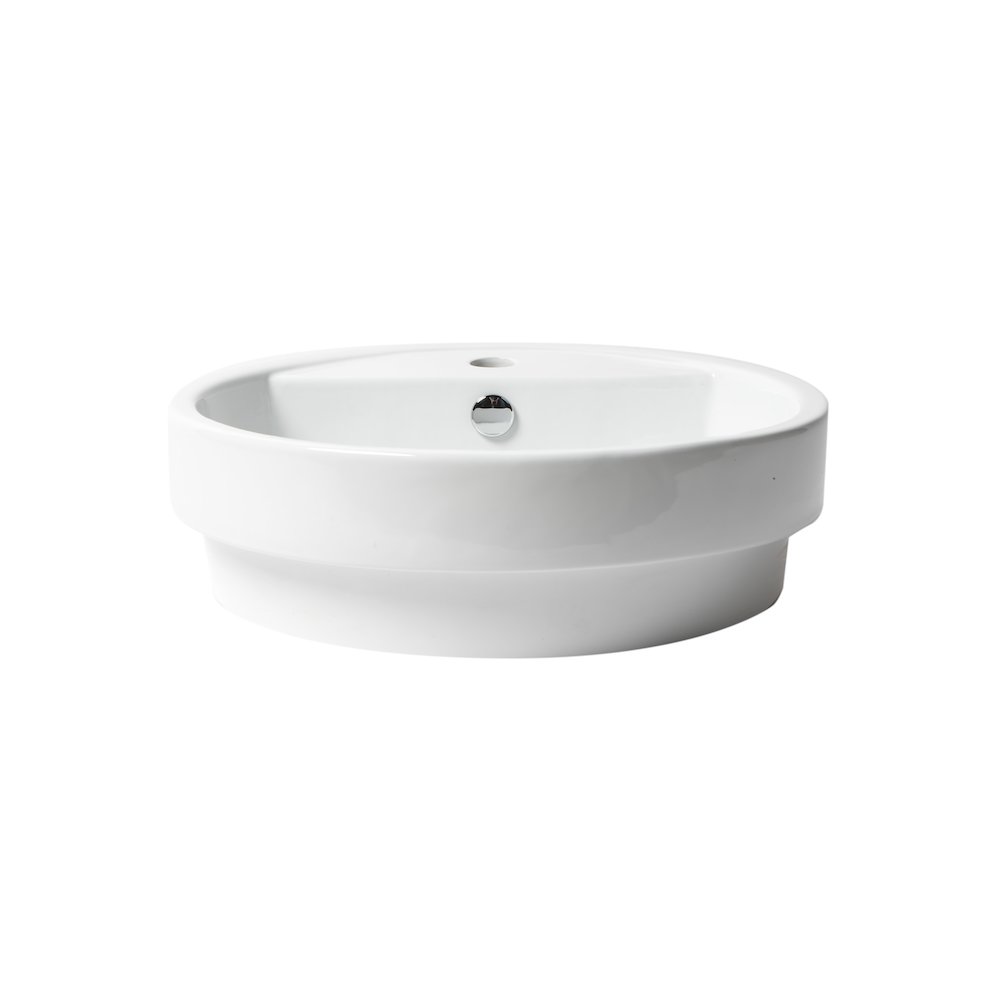 White 19" Round Semi Recessed Ceramic Sink with Faucet Hole. Picture 6