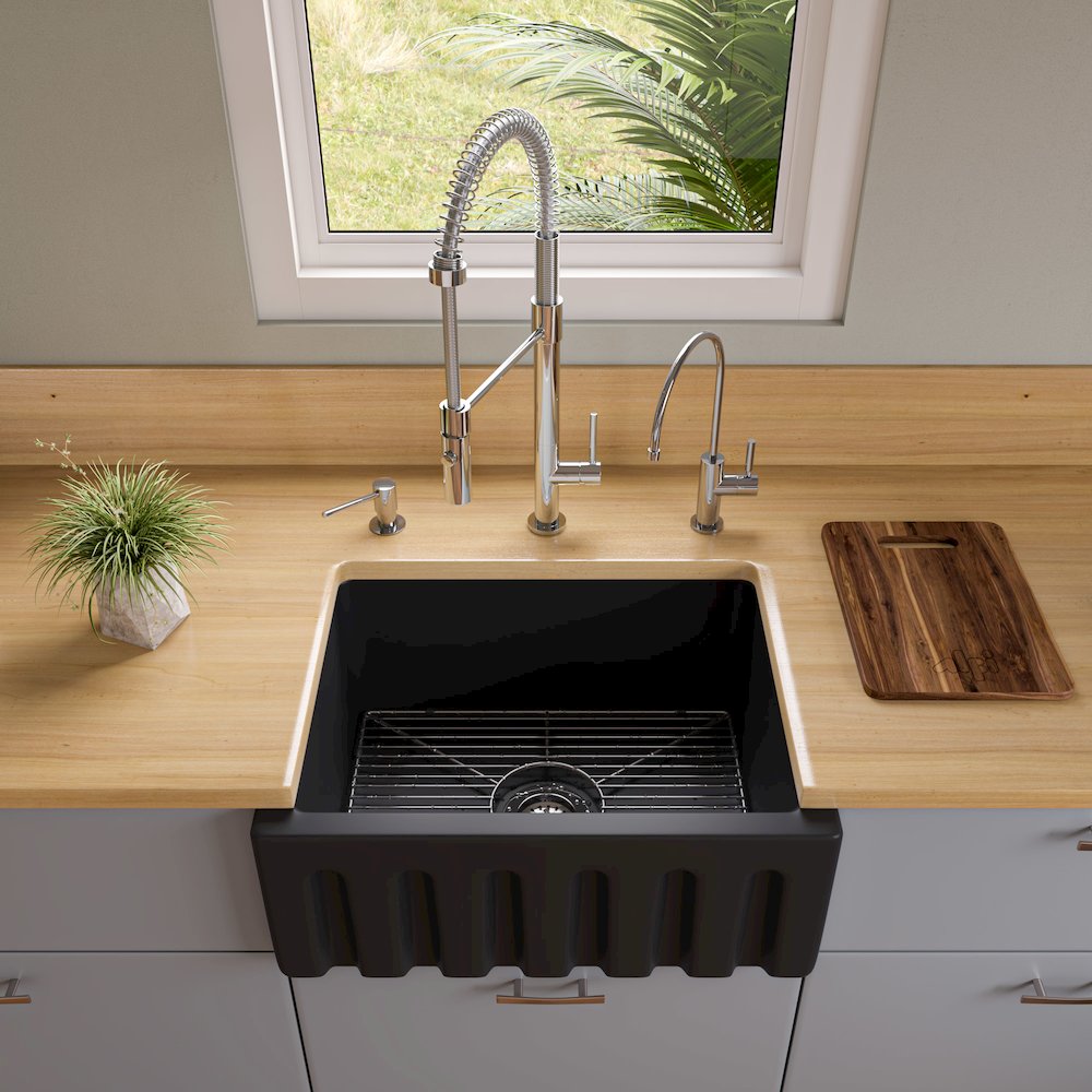 24" Black Matte Reversible Smooth / Fluted Single Bowl Fireclay Farm Sink. Picture 5