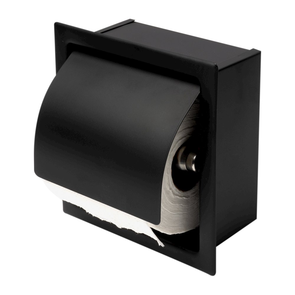 Black Matte Stainless Steel Recessed Toilet Paper Holder with Cover. Picture 1
