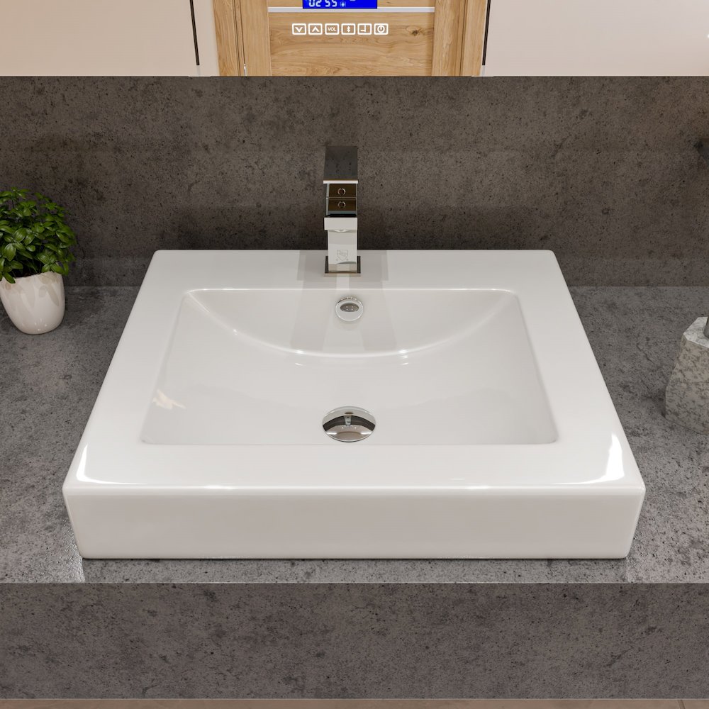 White 24" Rectangular Semi Recessed Ceramic Sink with Faucet Hole. Picture 3