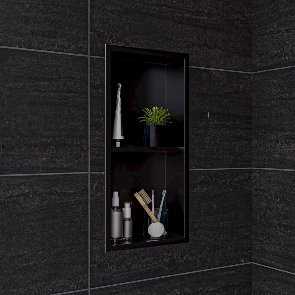 12" x 24" Brushed Black PVD Stainless Steel Vertical Double Shelf Shower Niche. Picture 2