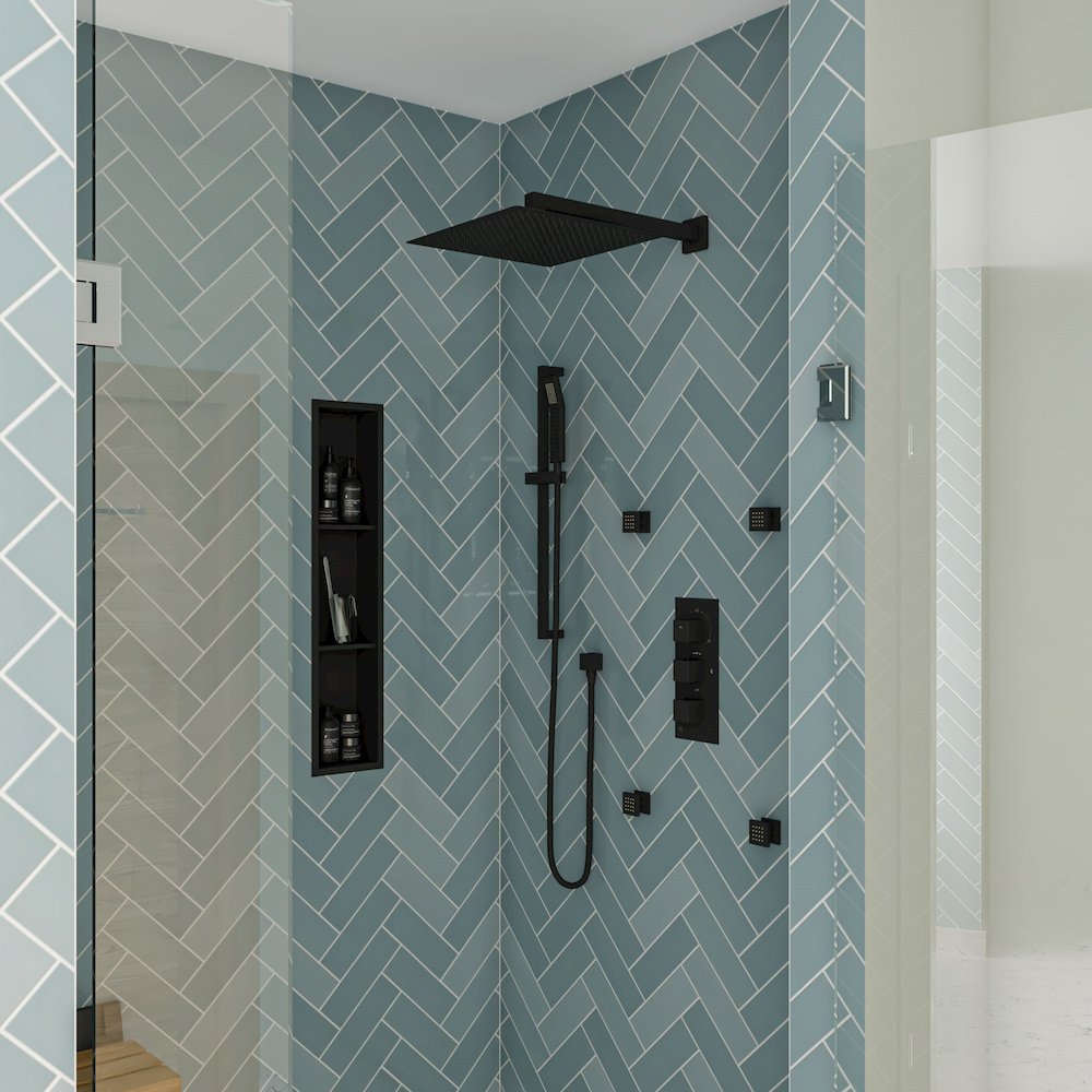 Black Matte 3-Way Thermostatic Valve Shower Mixer Square Knobs. Picture 3