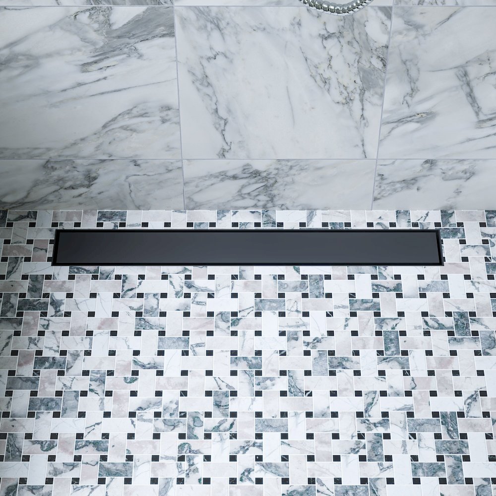 24" Black Matte Stainless Steel Linear Shower Drain with Solid Cover. Picture 2