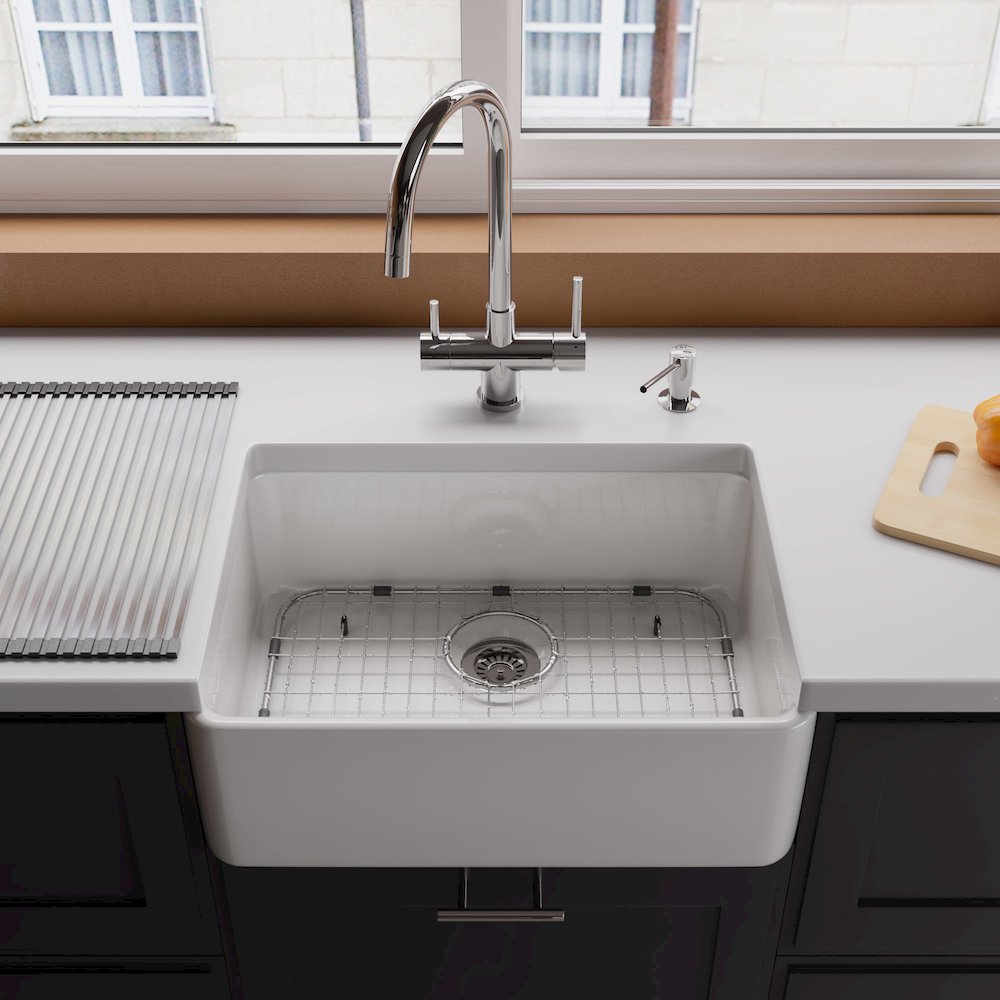 White 23" Smooth Apron Fireclay Single Bowl Farmhouse Kitchen Sink. Picture 3