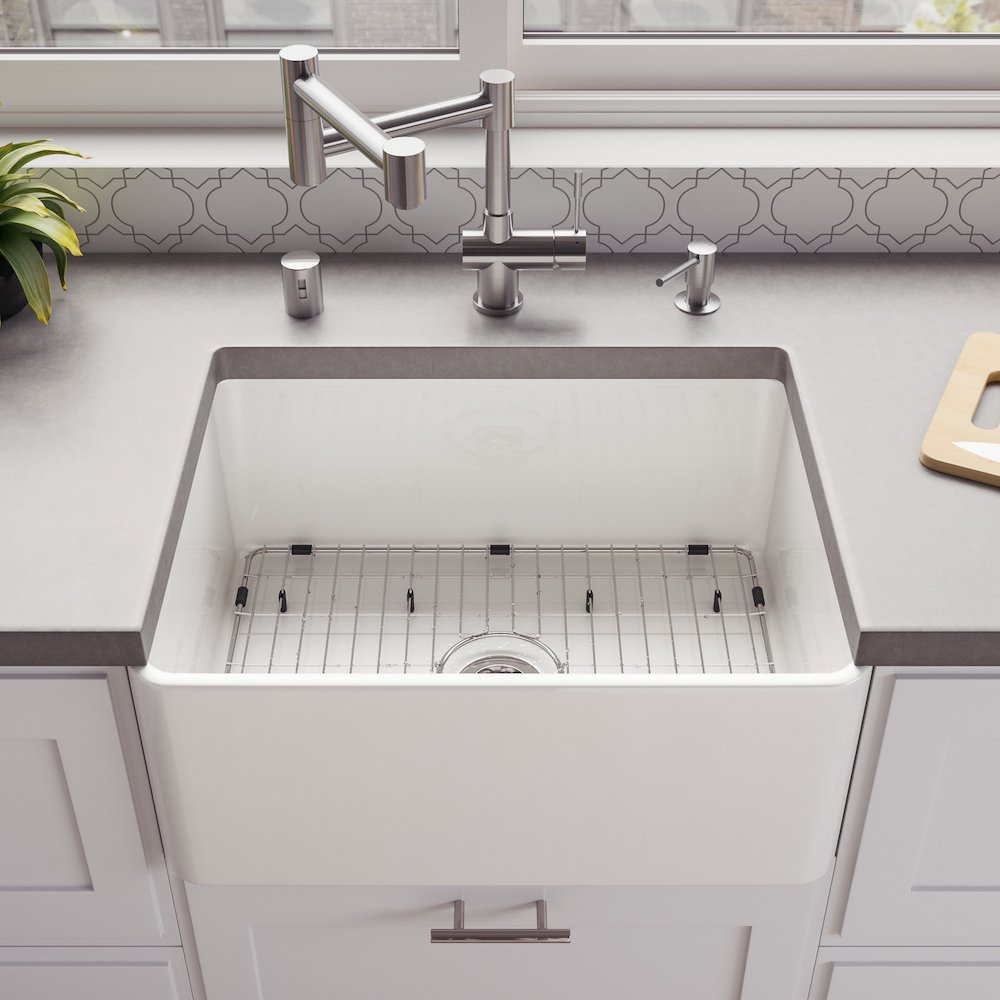 ABF2418 24" White Thin Wall Single Bowl Smooth Apron Fireclay Kitchen Farm Sink. Picture 3