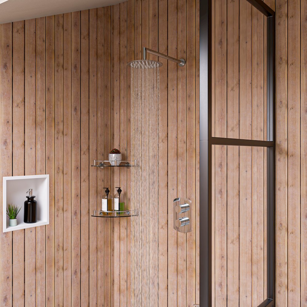 Polished Chrome Corner Mounted Glass Shower Shelf Bathroom Accessory. Picture 6