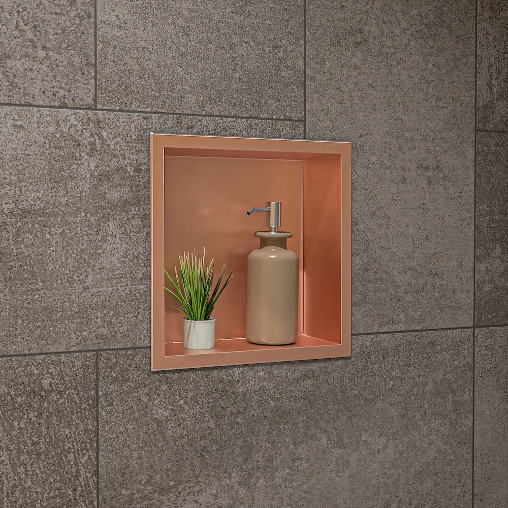 12" x 12" Brushed Copper PVD Stainless Steel Square Single Shelf Shower Niche. Picture 2