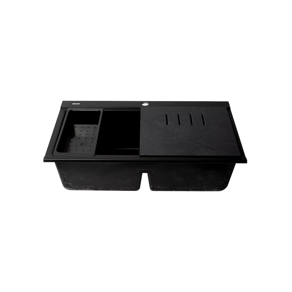 Black 33" Granite Composite Workstation Step Rim Double Bowl Drop In Sink. Picture 1