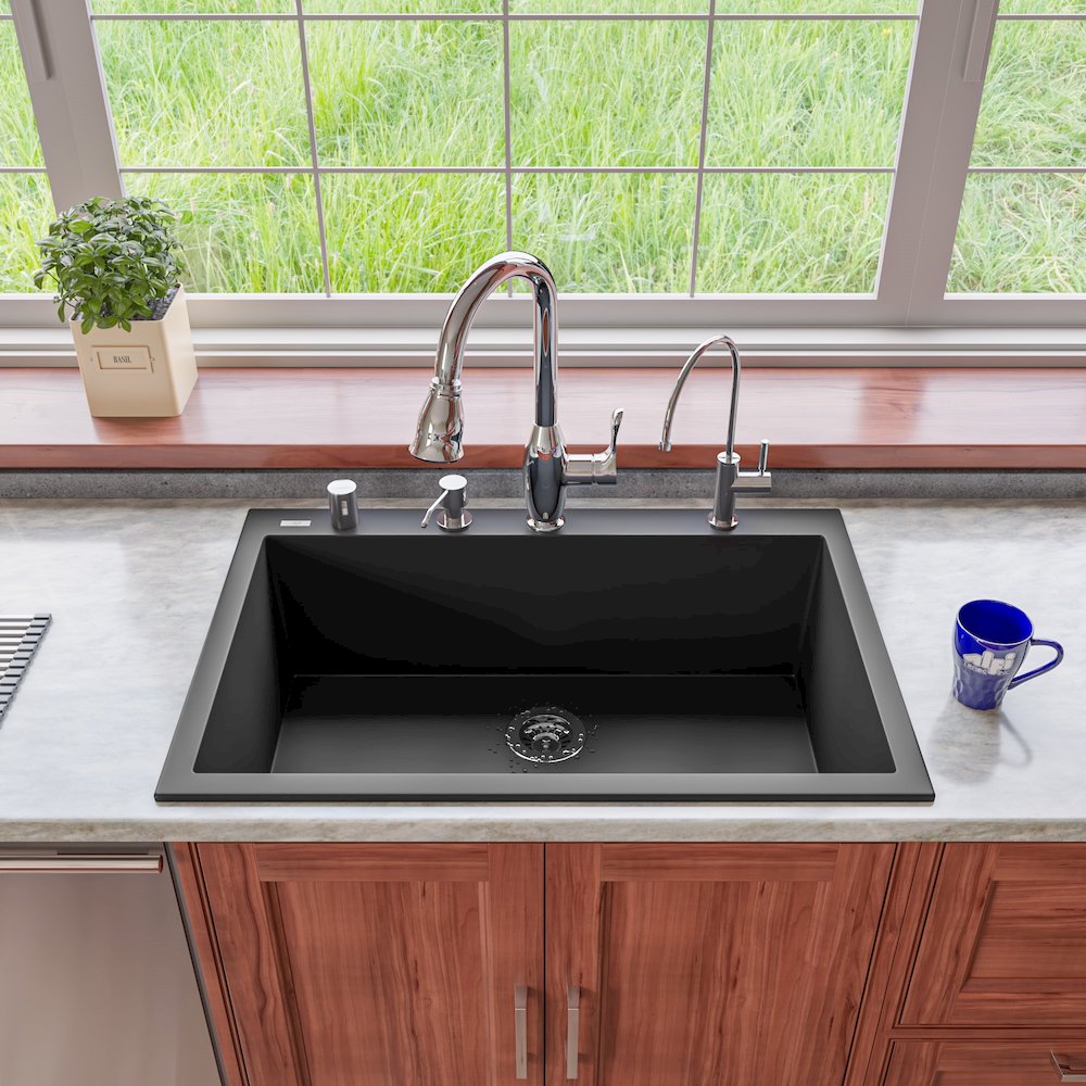 Black 33" Single Bowl Drop In Granite Composite Kitchen Sink. Picture 3