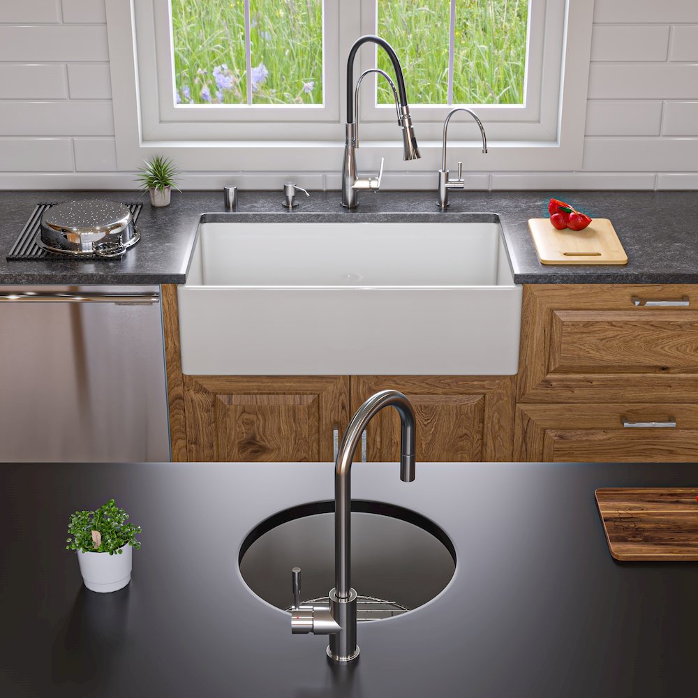 Gray Matte Round 18" x 18" Undermount / Drop In Fireclay Prep Sink. Picture 4