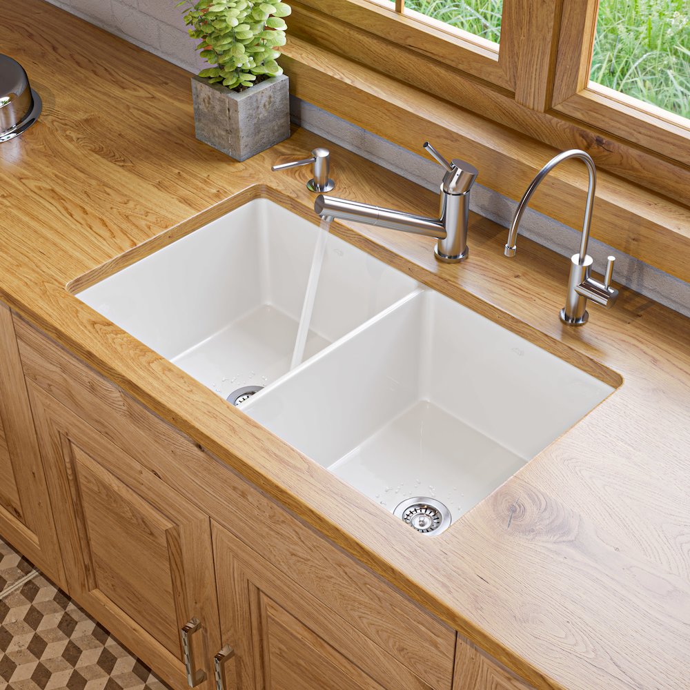 White 32" x 19" Double Bowl Fireclay Undermount / Drop In Kitchen Sink w Grid. Picture 2
