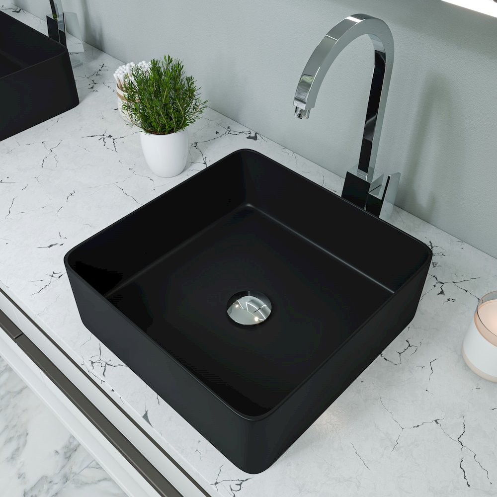 Black Matte 16" Modern Square Above Mount Ceramic Sink. Picture 2