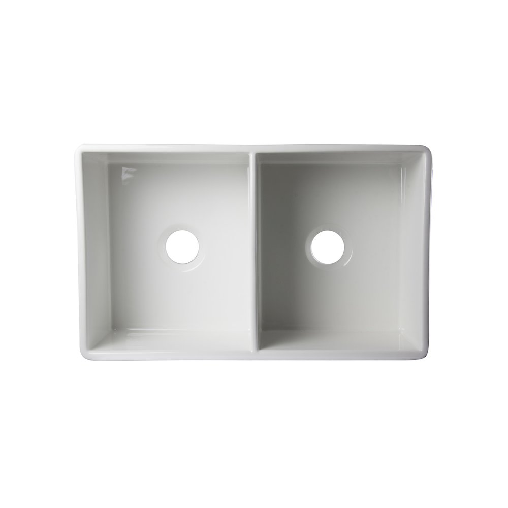 White 32" Decorative Lip Apron Double Bowl Fireclay Farmhouse Kitchen Sink. Picture 7