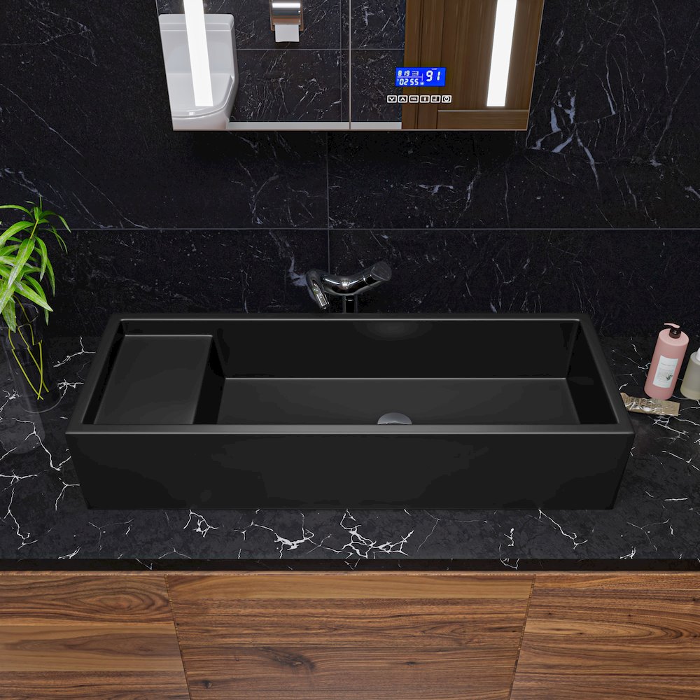 39" Black Matte Above Mount Fireclay Bathroom Trough Sink. Picture 3