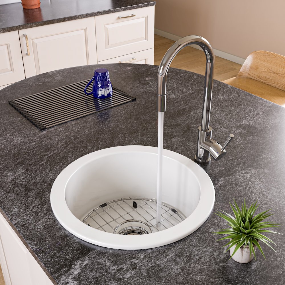 White Round 18" x 18" Undermount / Drop In Fireclay Prep Sink. Picture 2