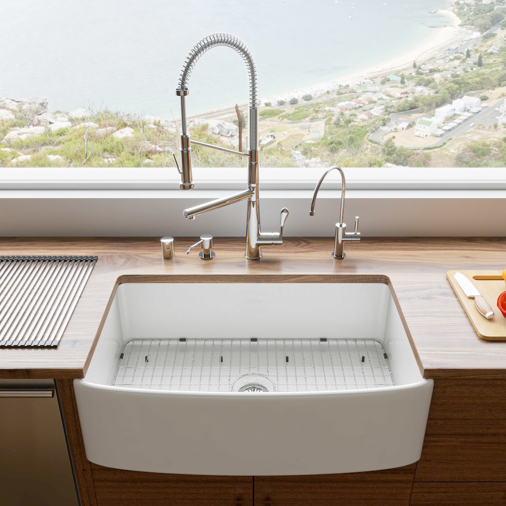 ALFI Brand White Smooth Curved Apron 33" x 20" Single Bowl Fireclay Farm Sink. Picture 2