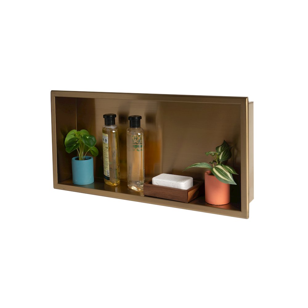 Brushed Gold PVD Stainless Steel Horizontal Single Shelf Shower Niche. Picture 6