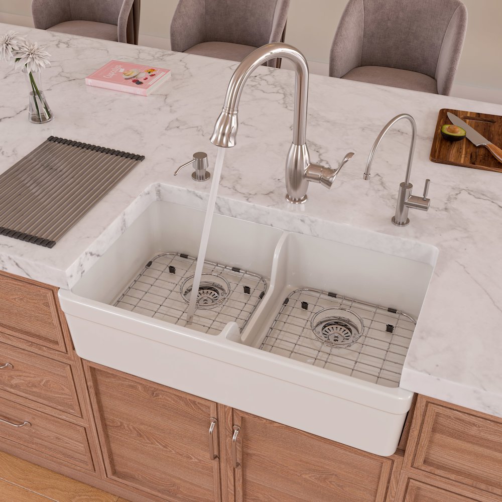 White 32" Short Wall Double Bowl Lip Apron Fireclay Farmhouse Kitchen Sink. Picture 2