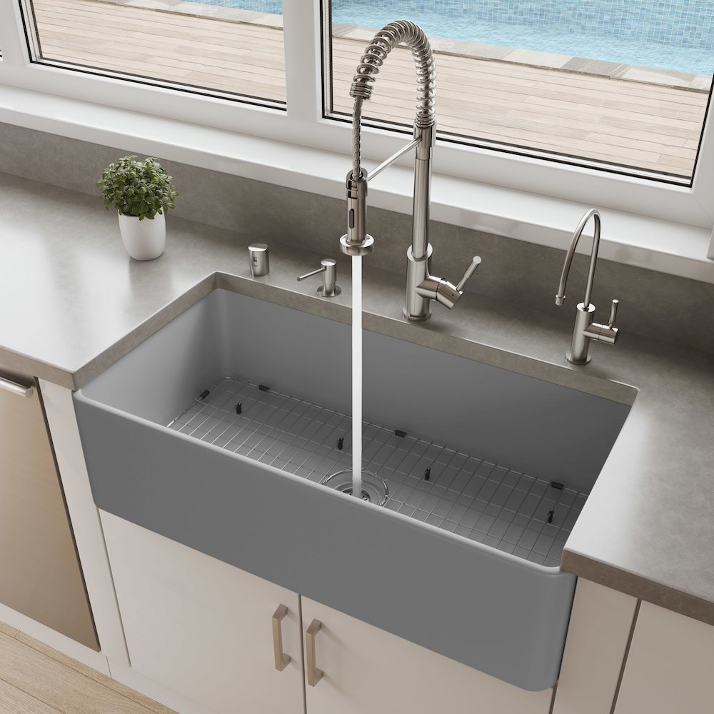 Gray Matte Smooth Apron 36" x 18" Single Bowl Fireclay Farm Sink. Picture 2