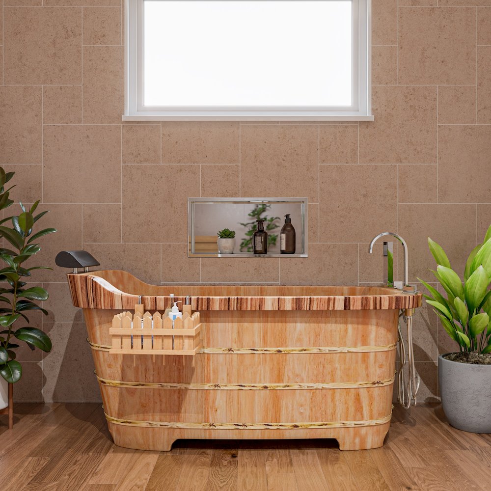 59" Free Standing Wooden Bathtub with Chrome Tub Filler. Picture 8