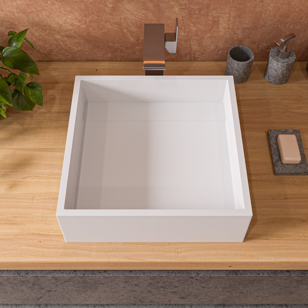 14" Square White Matte Solid Surface Resin Sink. Picture 9