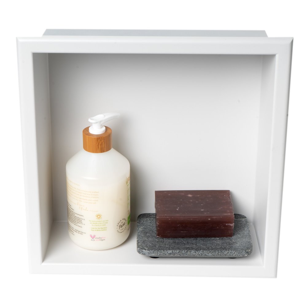 12" x 12" White Matte Stainless Steel Square Single Shelf Bath Shower Niche. Picture 10