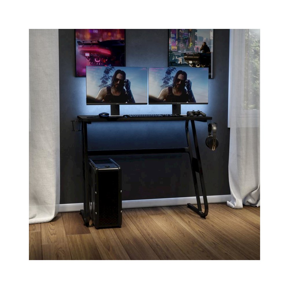 Black Gaming Ergonomic Desk with Cup Holder and Headphone Hook. Picture 2