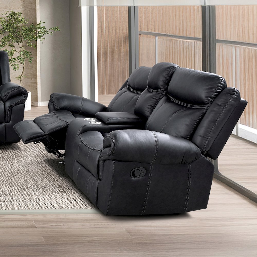 Verne Leather Manual Glider Reclining Loveseat with Console. Picture 2
