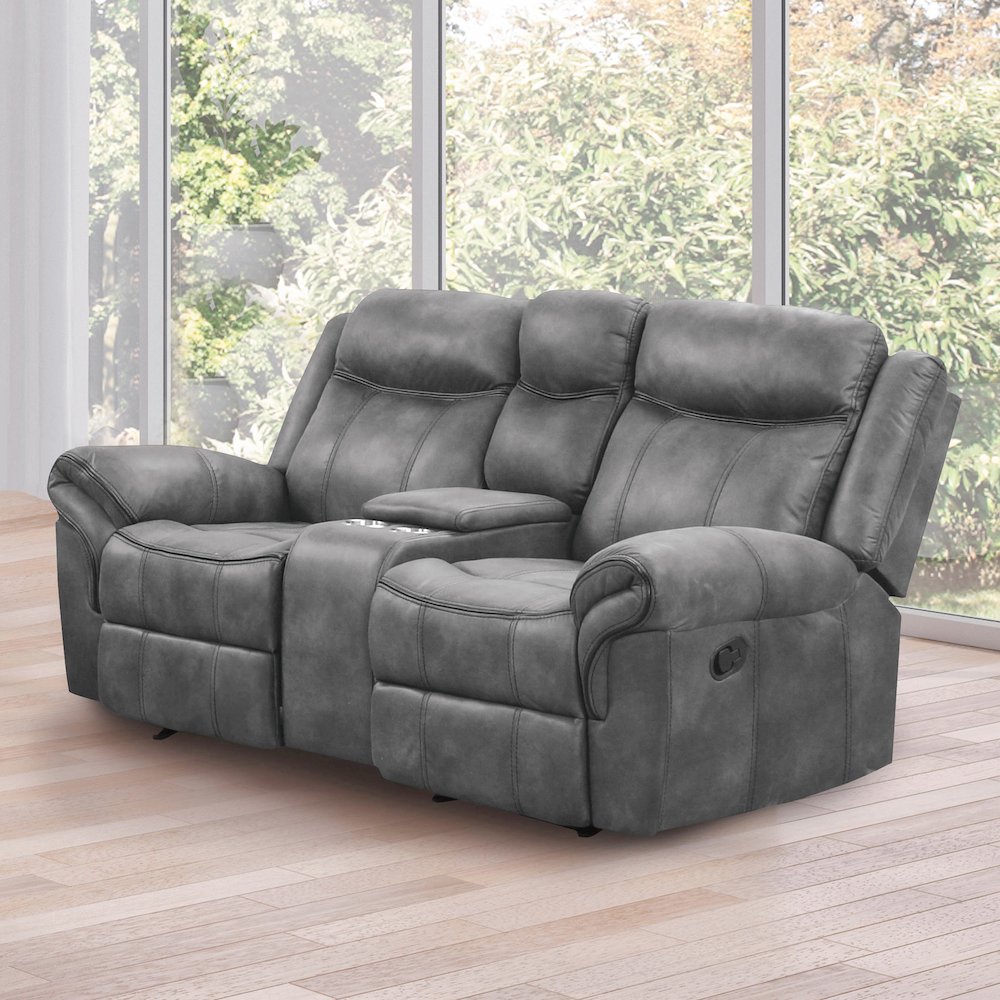 Verne Leather Manual Glider Reclining Loveseat with Console. Picture 2
