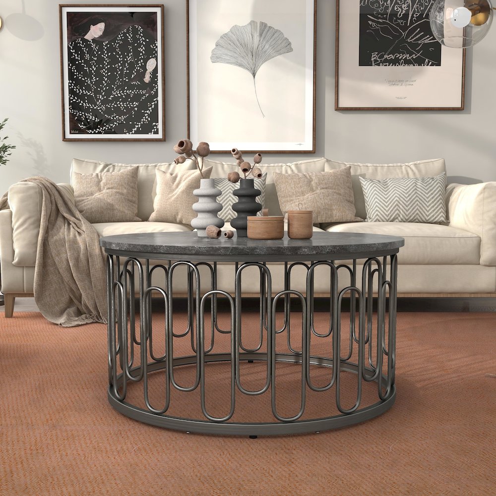 Furniture of America Silas Round Modern Metal Coffee Table in Black. Picture 2