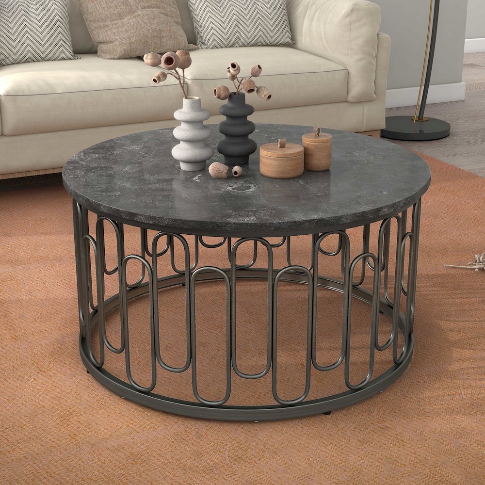 Furniture of America Silas Round Modern Metal Coffee Table in Black. Picture 3