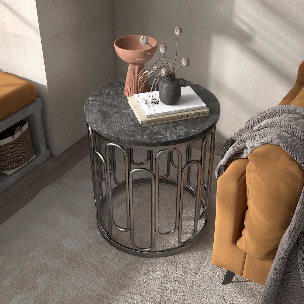 Furniture of America Silas Round Modern Metal End Table in Black. Picture 3