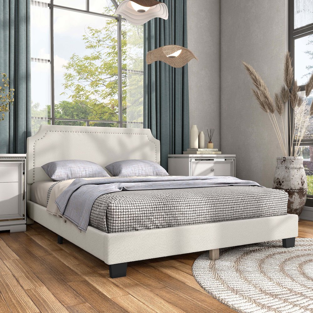 Furniture of America Lila Boucle Fabric Mattress Ready Queen Bed in White. Picture 4