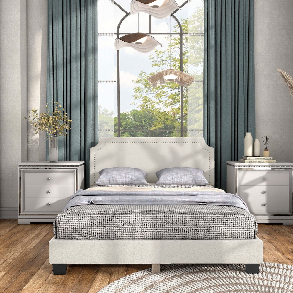 Furniture of America Lila Boucle Fabric Mattress Ready Queen Bed in White. Picture 5