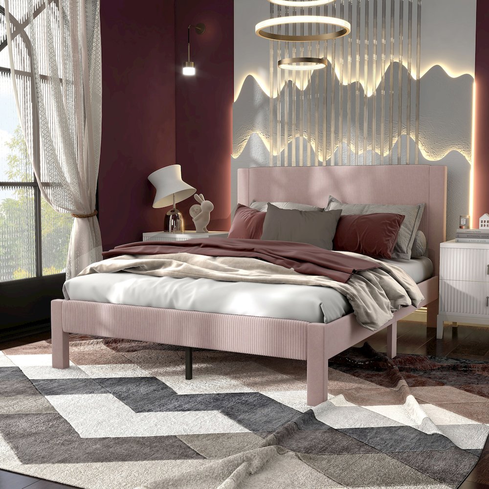 Dina Adult Queen Velvet Fabric Platform Bed, Pink. Picture 4