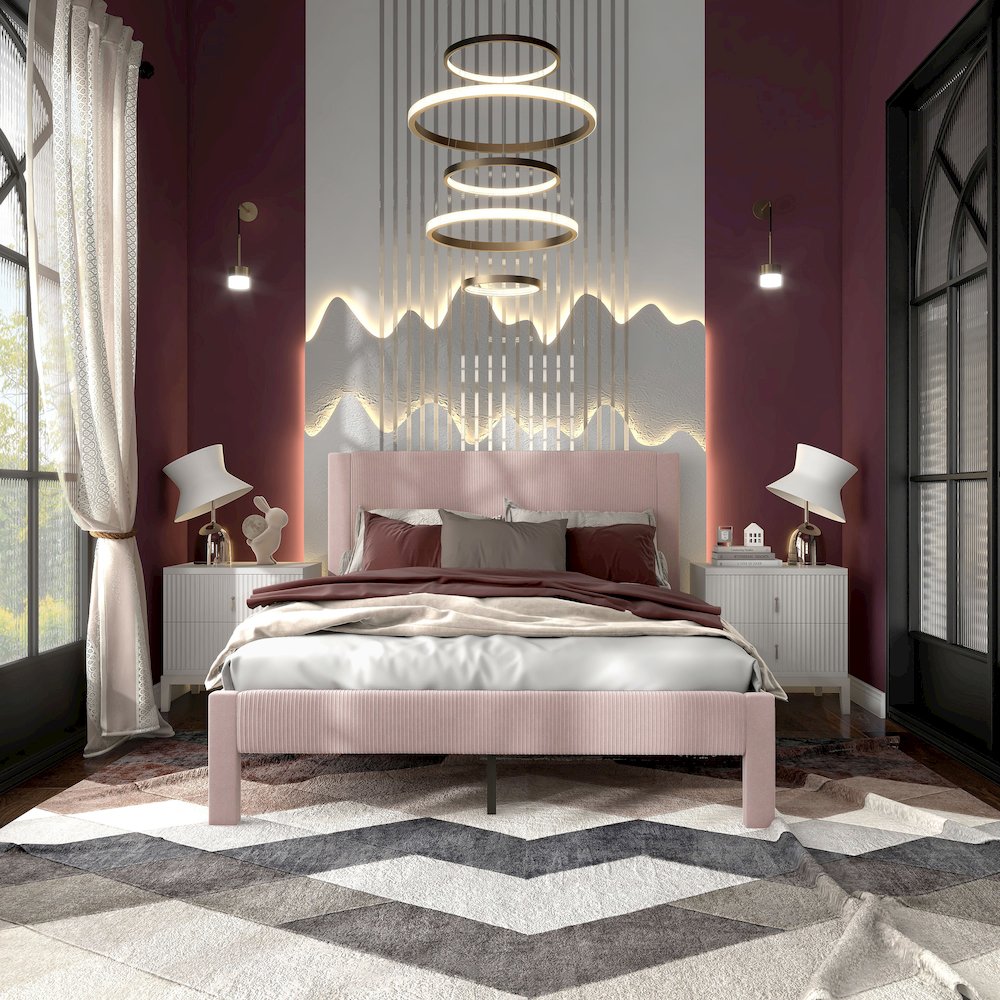 Dina Adult Queen Velvet Fabric Platform Bed, Pink. Picture 5