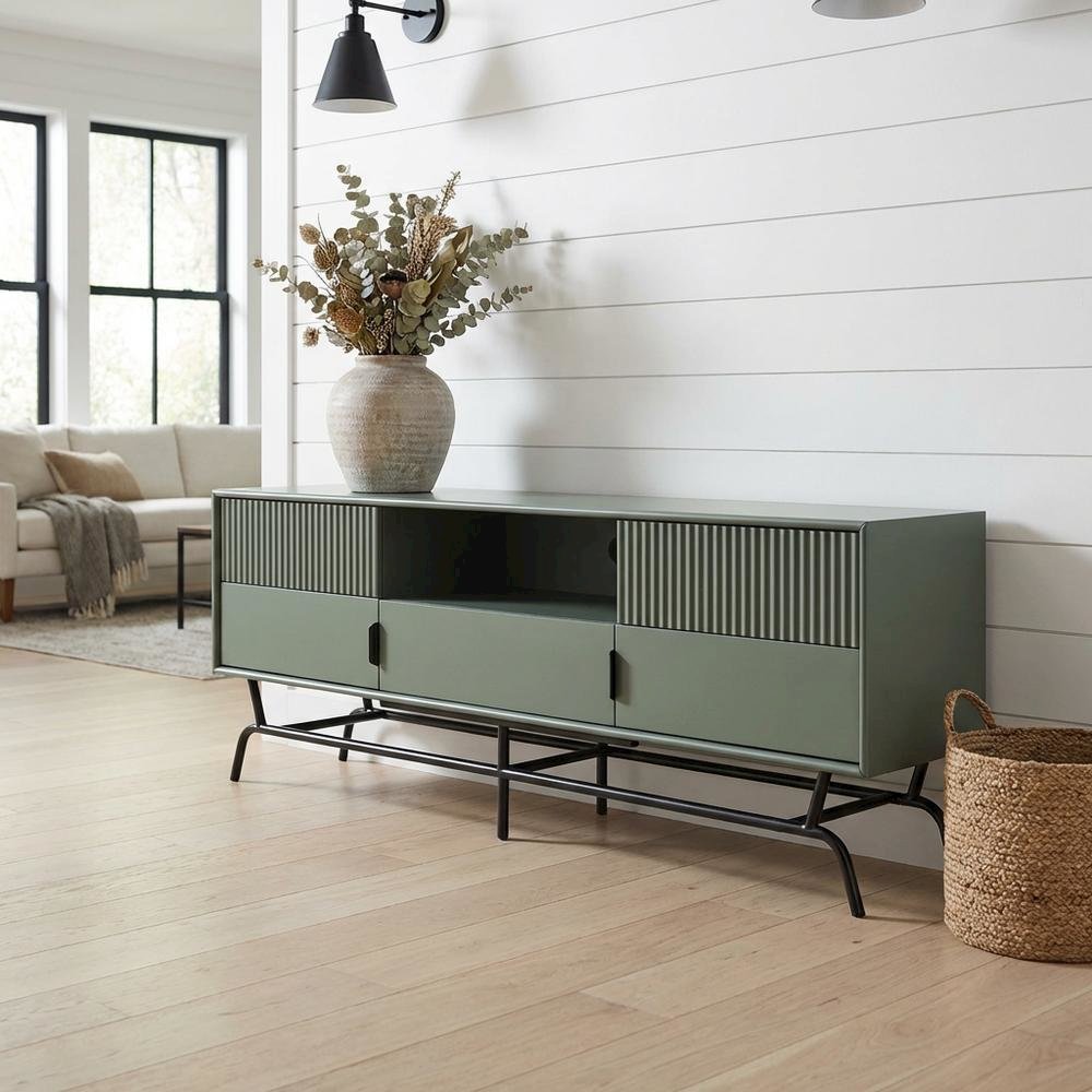 Sage Green and Black Wooden TV Stand with Multi-Storage Compartments. Picture 2