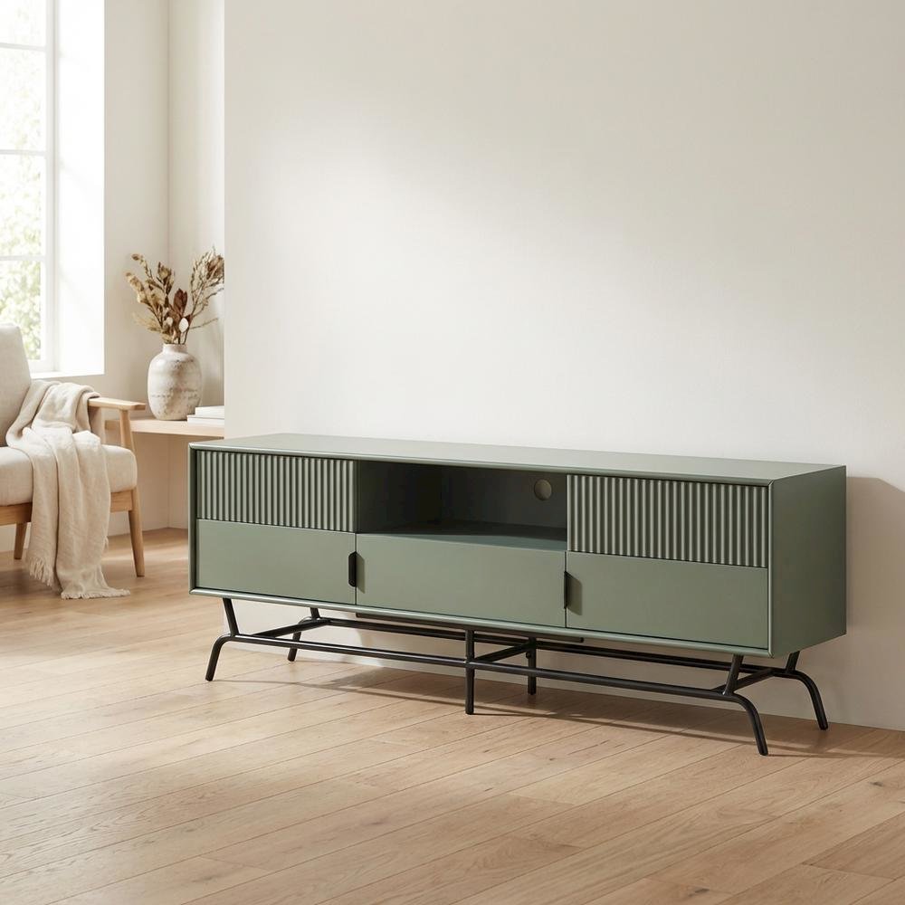 Sage Green and Black Wooden TV Stand with Multi-Storage Compartments. Picture 3