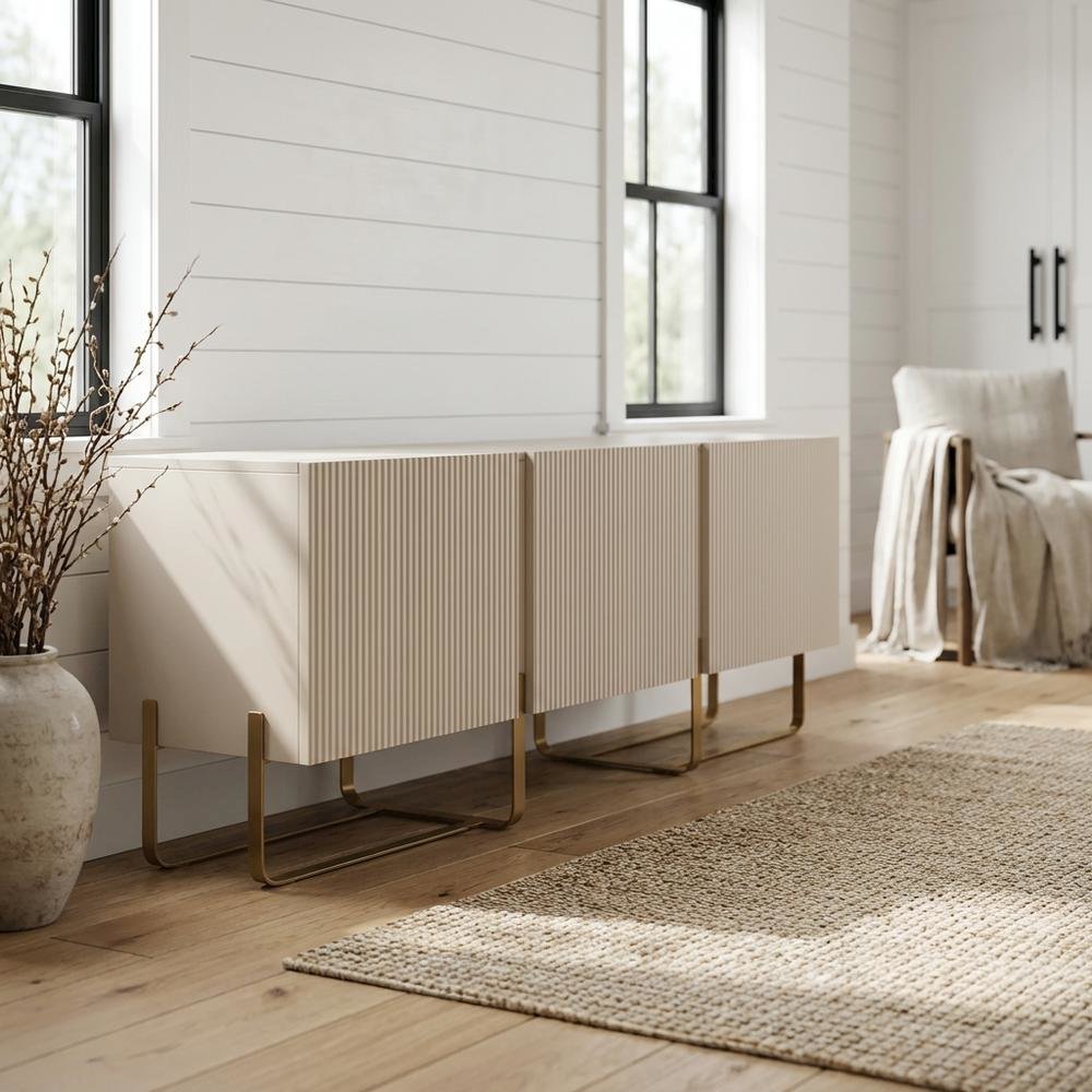 Beige Modern Wood TV Stand with 3 Cabinets for Living Room Storage. Picture 2